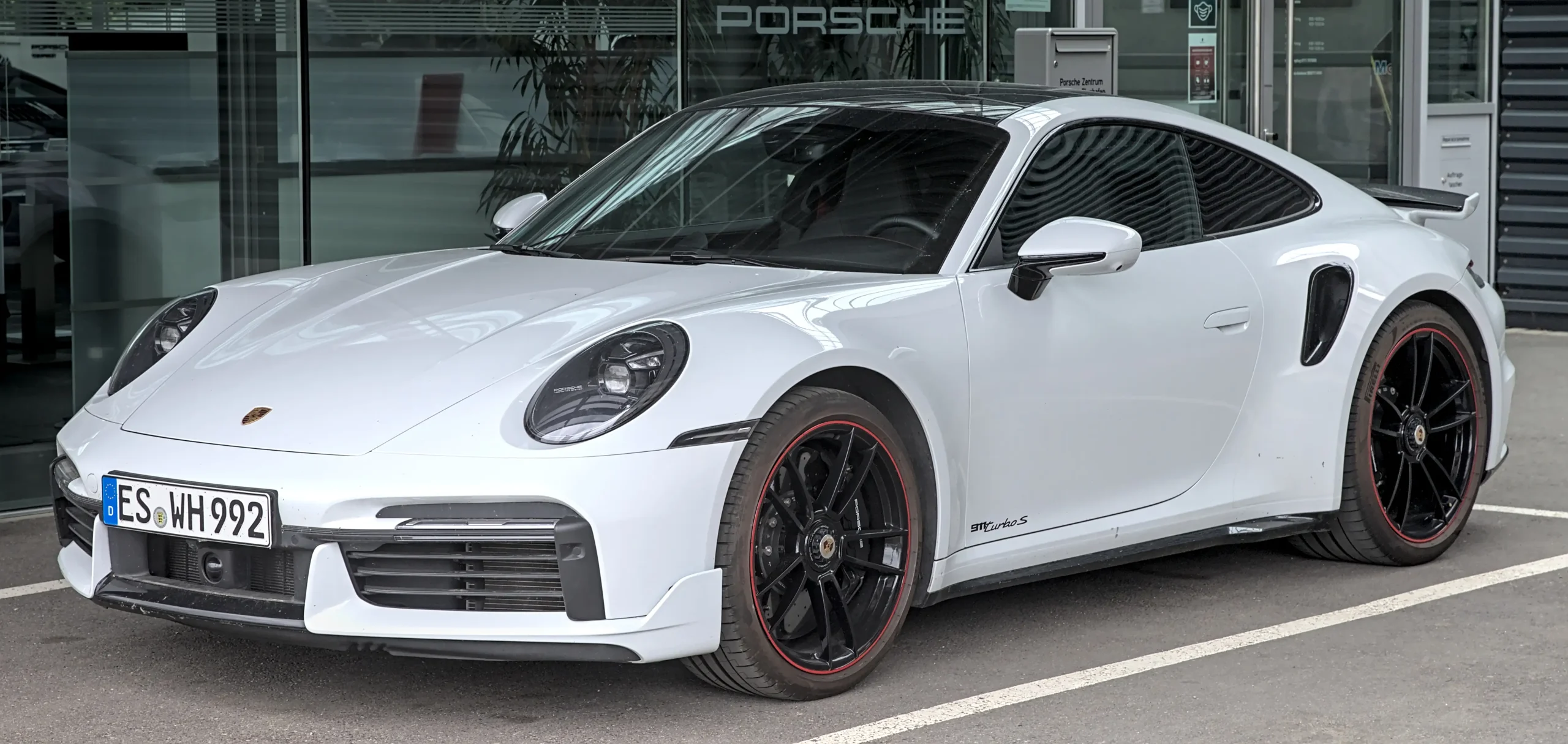 Sleek, modern Porsche 992 Turbo S in silver, model 1X7A0411.