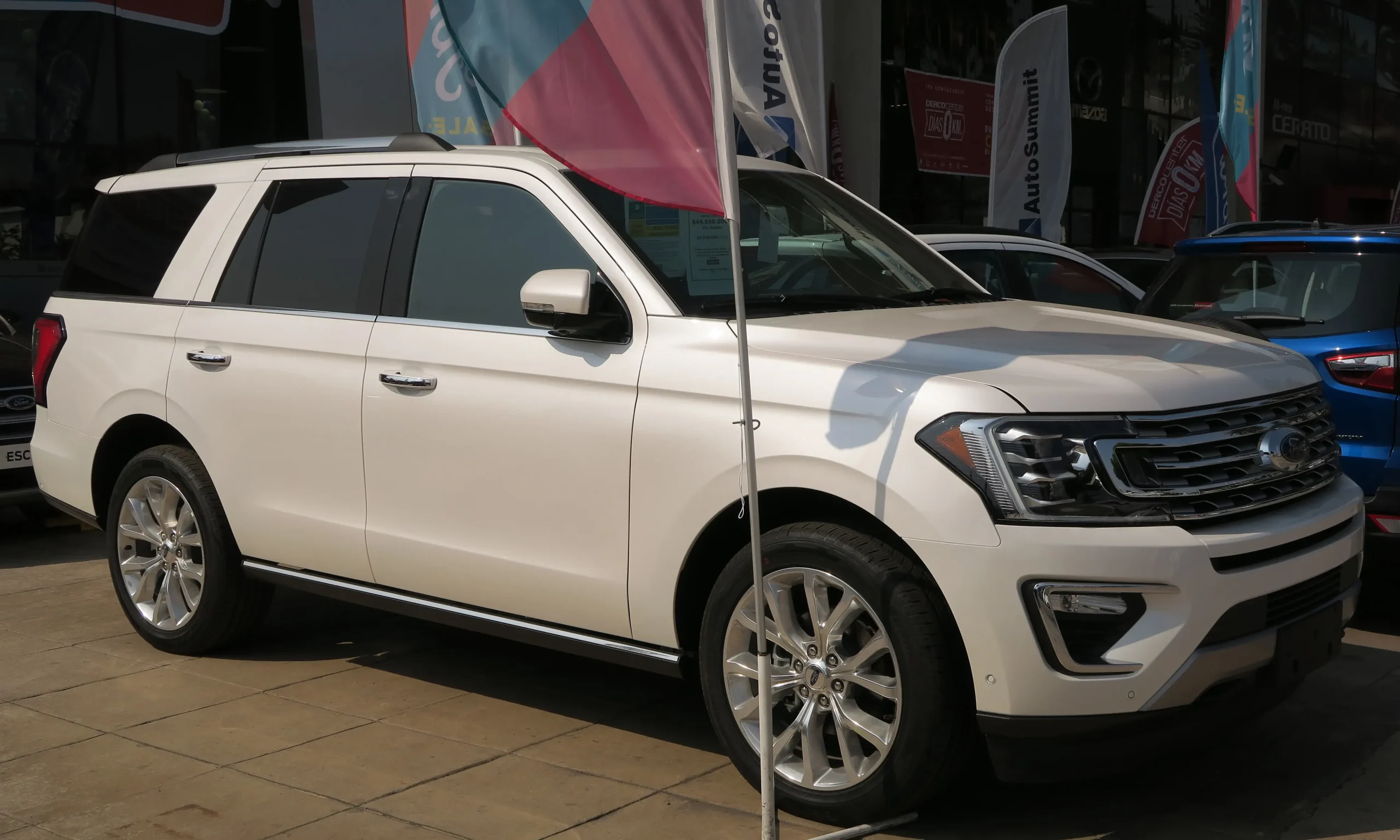 Silver Ford Expedition parked in a suburban driveway, sunny day.