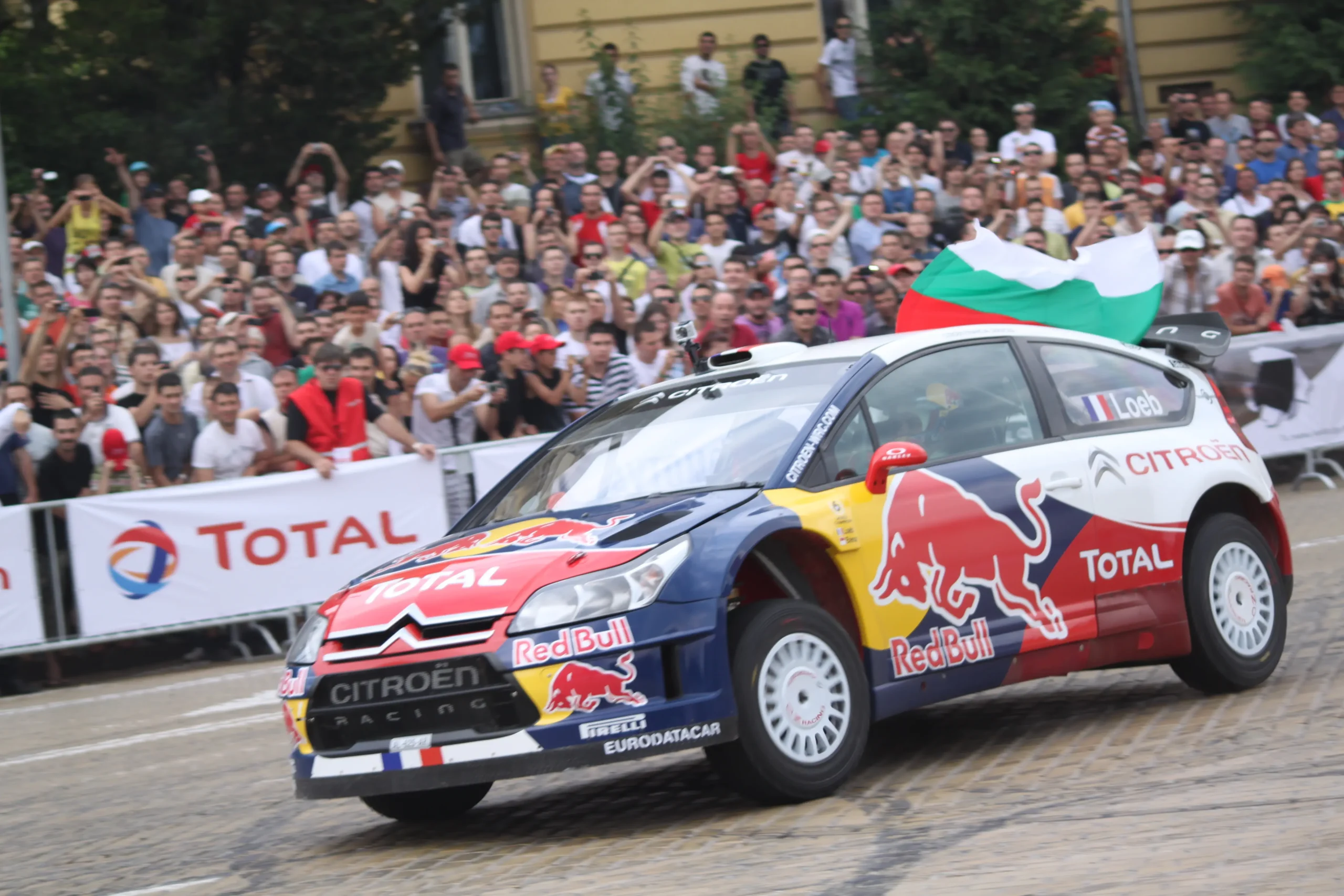 Rally driver Sebastien Loeb in Sofia, Bulgaria, circa 2010, action shot.