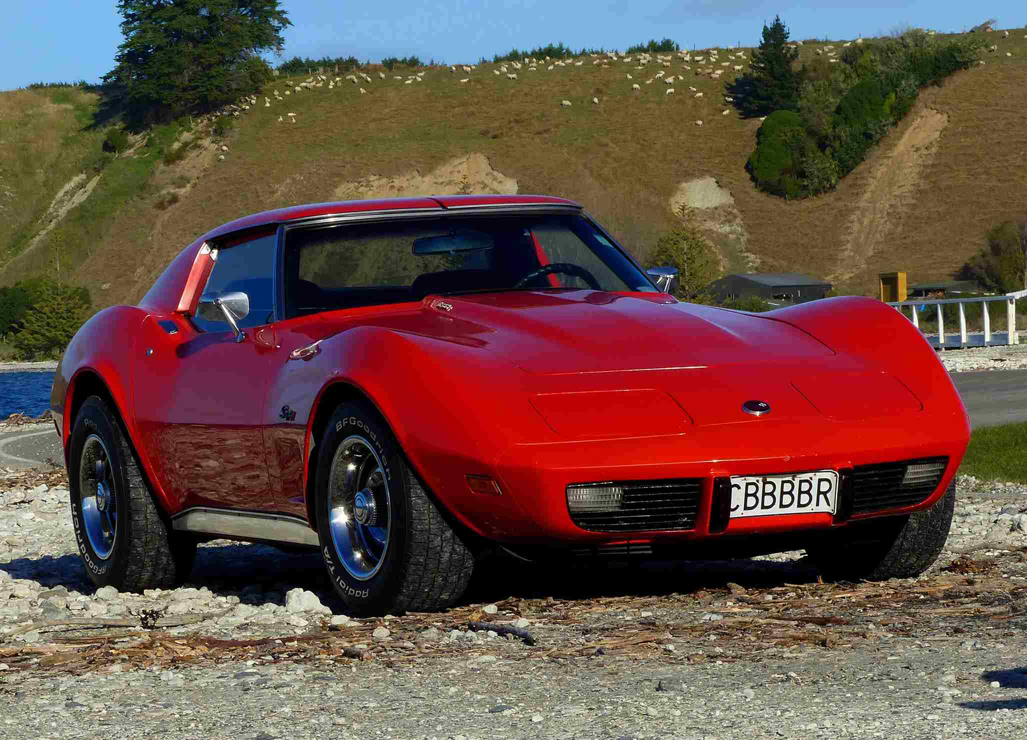 Sleek, red Chevy Corvette parked, embodying speed and American muscle