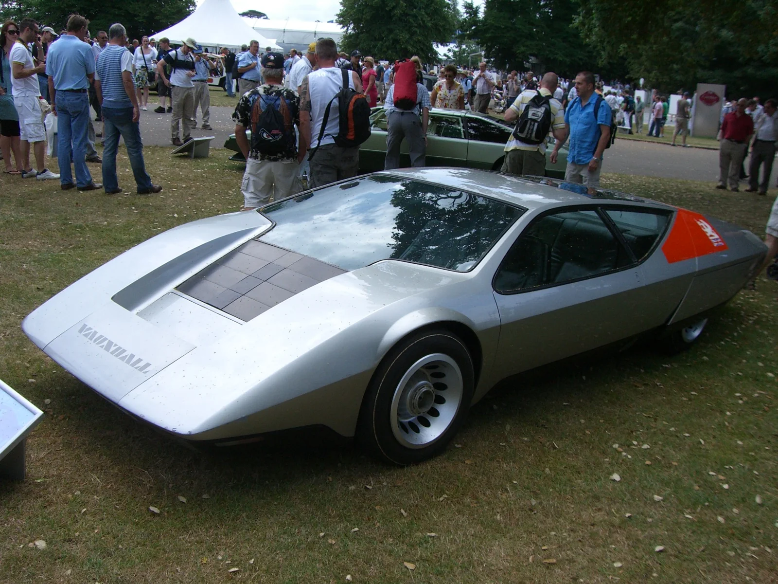 Sleek, futuristic Vauxhall SRV concept car in metallic silver, angled view.