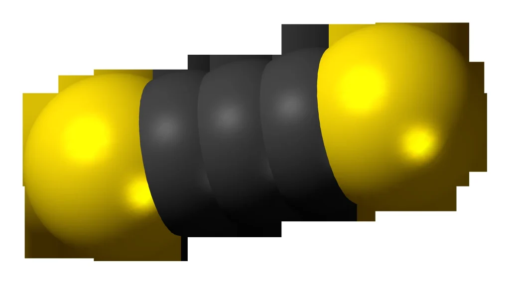 3D spacefill model of carbon subsulfide molecule, gray carbons, yellow sulfur.

