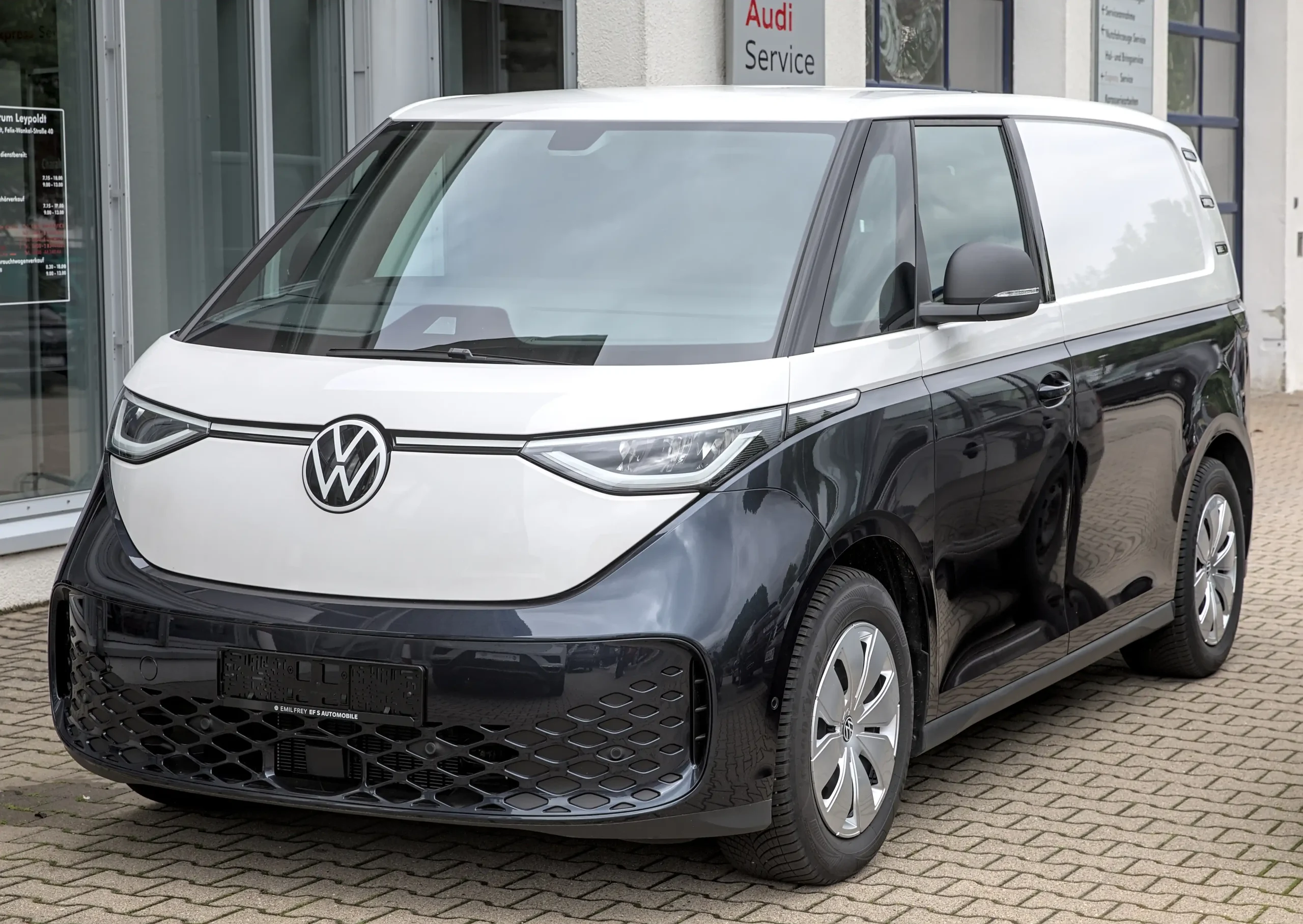 Retro-futuristic VW I.D. Buzz electric van in a modern setting.