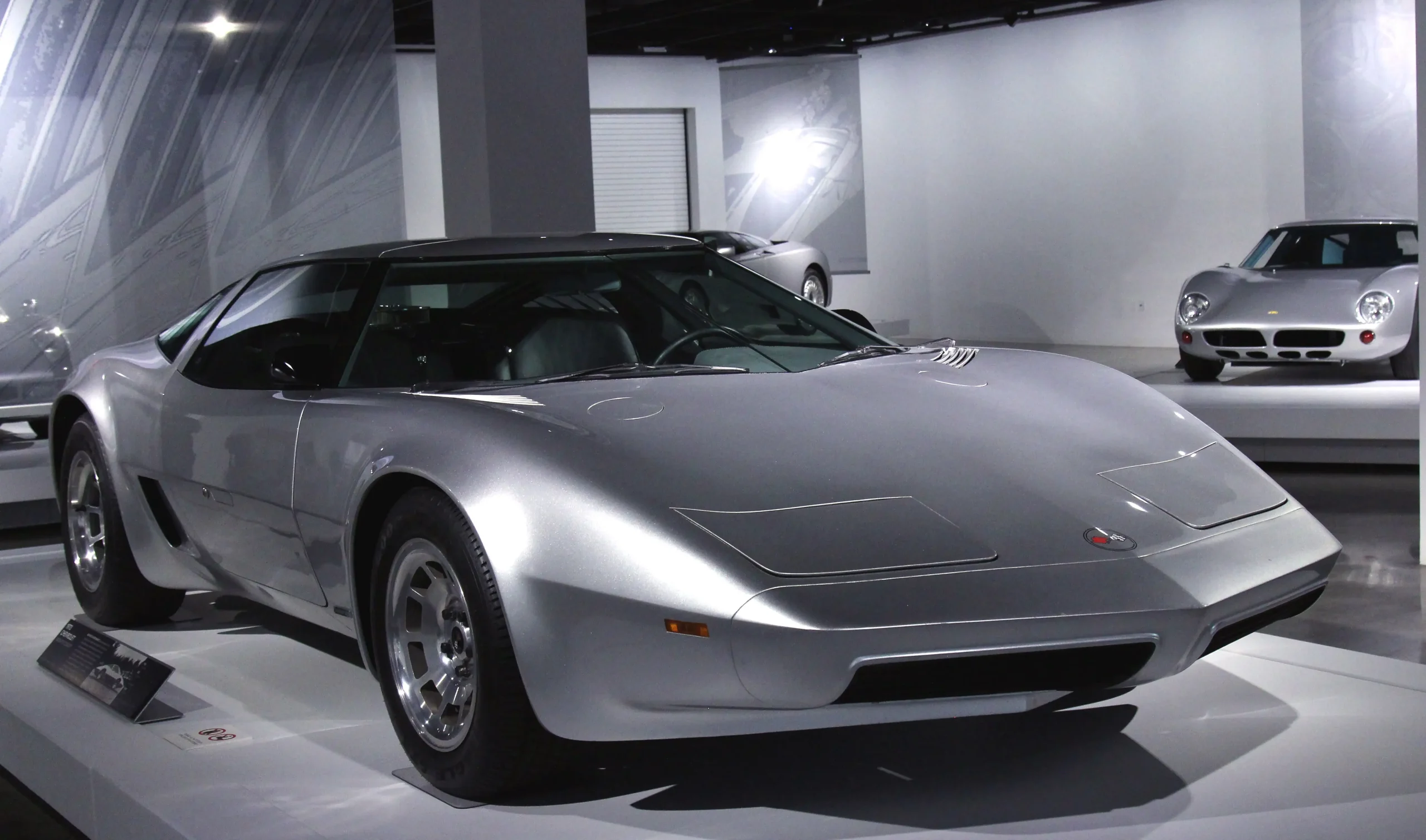 Sleek 1973 Chevrolet AeroVette concept car, futuristic design, silver exterior.