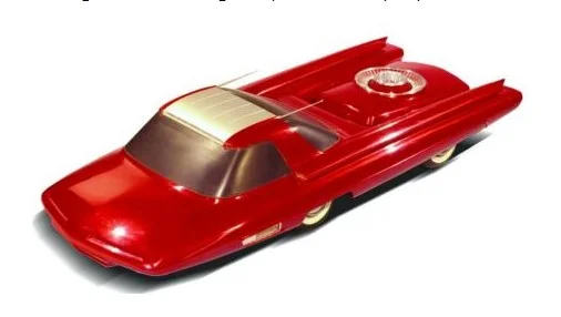 Conceptual Ford Nucleon car with atomic engine, sleek futuristic design.