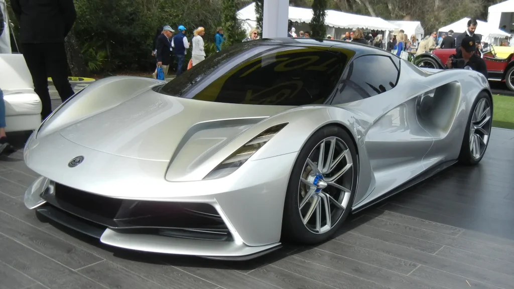 Electric Lotus Evija hypercar, showcasing its sleek design and futuristic styling.
