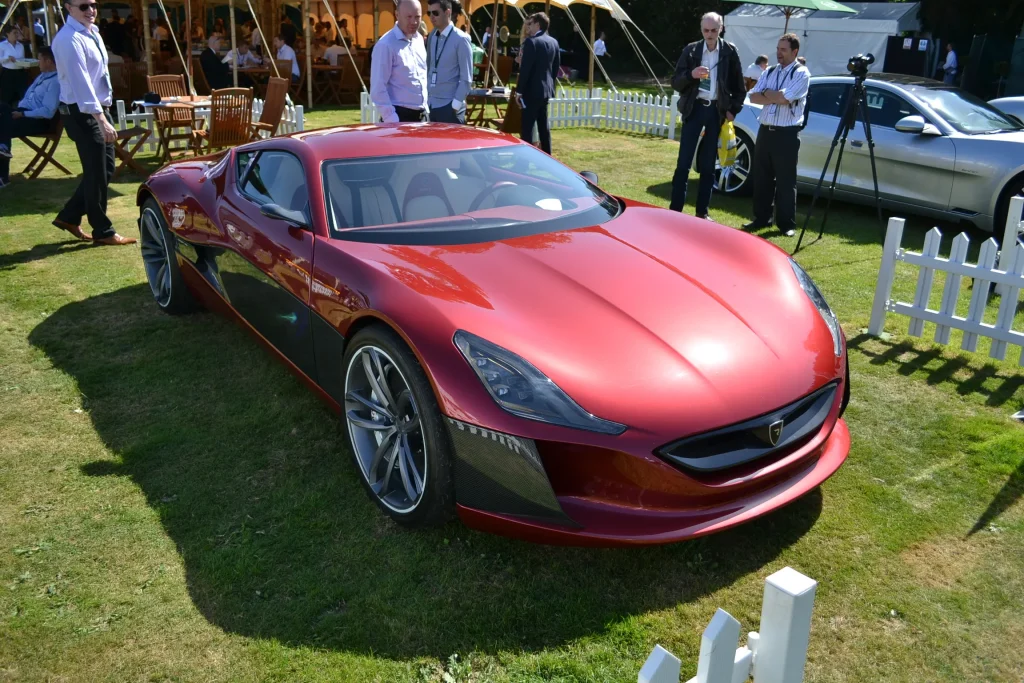 Sleek Rimac Concept_One electric hypercar in a dynamic,