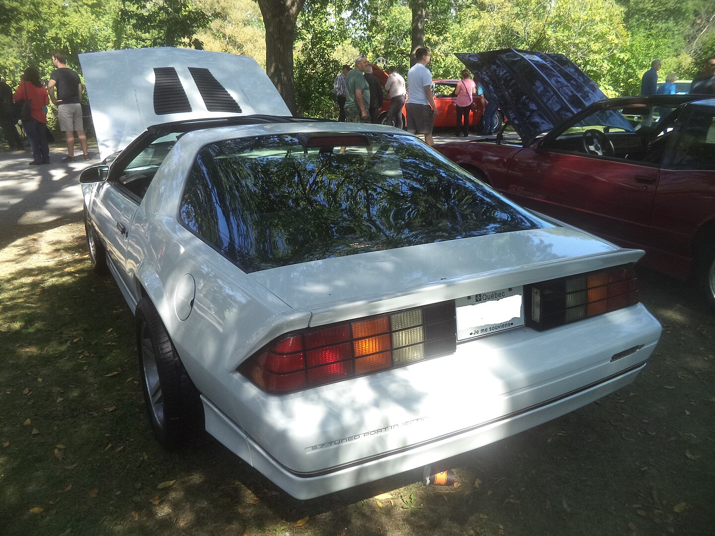 White Chevrolet Camaro parked on grassy ground under trees. Hood is open. Rear view shows distinctive 1980s-90s design with angular lines, red-orange taillights. Other cars and people visible in background at what seems to be a car show