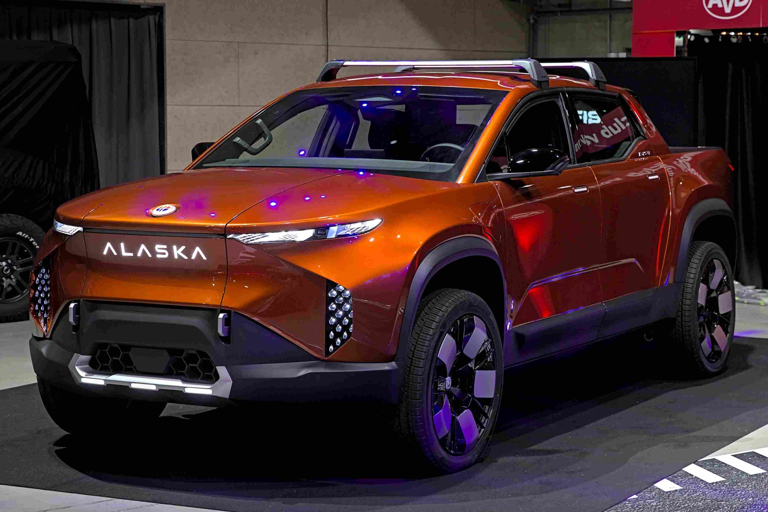 Fisker Alaska pickup truck, parked, showcasing its unique design and features