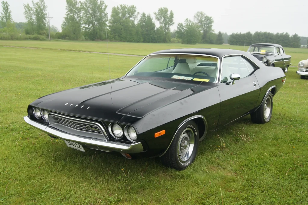 Orange 1974 Dodge Challenger parked, classic muscle car, vintage feel.

