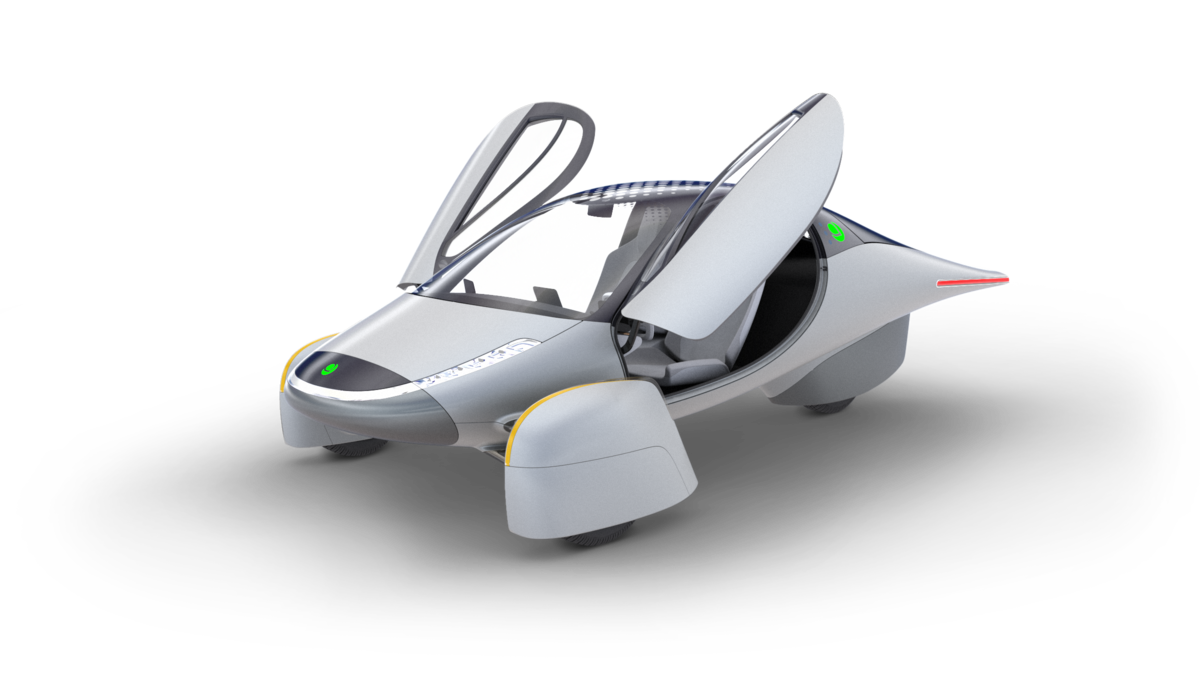 Aptera Motors 2e electric vehicle with a futuristic design, showcasing its aerodynamic shape and energy-efficient features.