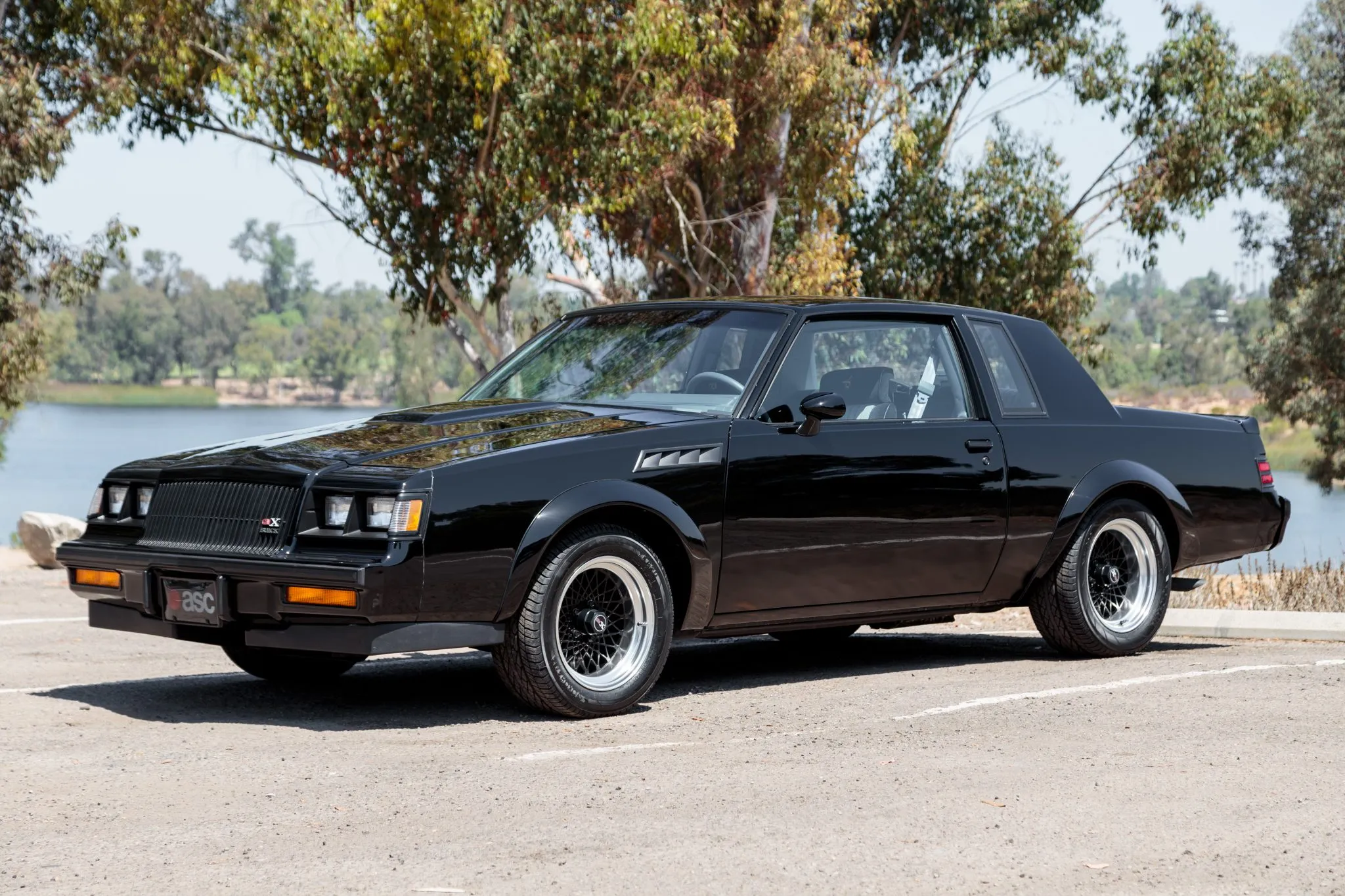 Black 1987 Buick GNX muscle car with distinctive wheels parked on pavement near trees and water