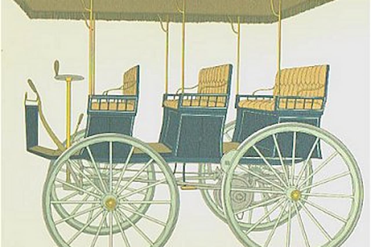 Historical illustration of William Morrison's 1890 six-passenger electric vehicle with wicker seats, large spoked wheels, and canopy top
