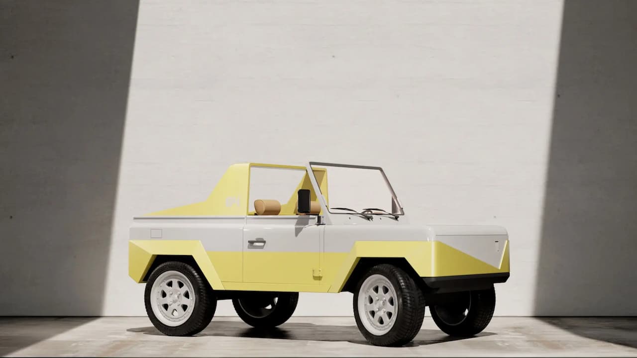 Yellow and white Olympian Motors Model 84 with open top displayed in minimalist white studio setting