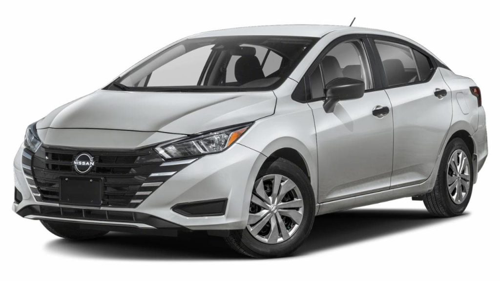 Silver 2025 Nissan Versa S with black grille, LED headlights, and alloy wheels on white background