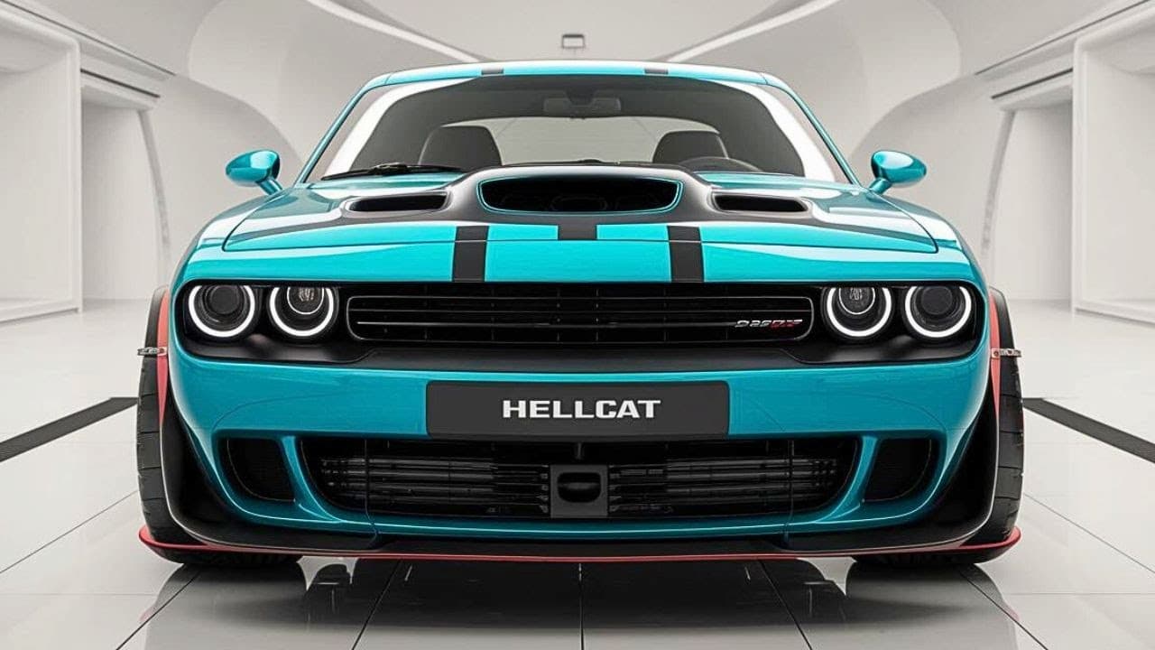 Turquoise blue 2025 Dodge Challenger SRT Hellcat Redeye with black racing stripes in modern white showroom setting
