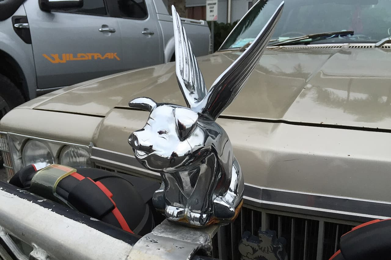 Chrome hood ornament featuring winged figure mounted on vintage car's beige hood, with gray pickup truck visible in background