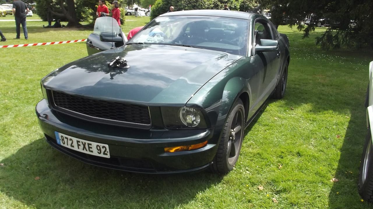 Dark green Ford Mustang Bullitt with French license plate displayed on grass at outdoor car show