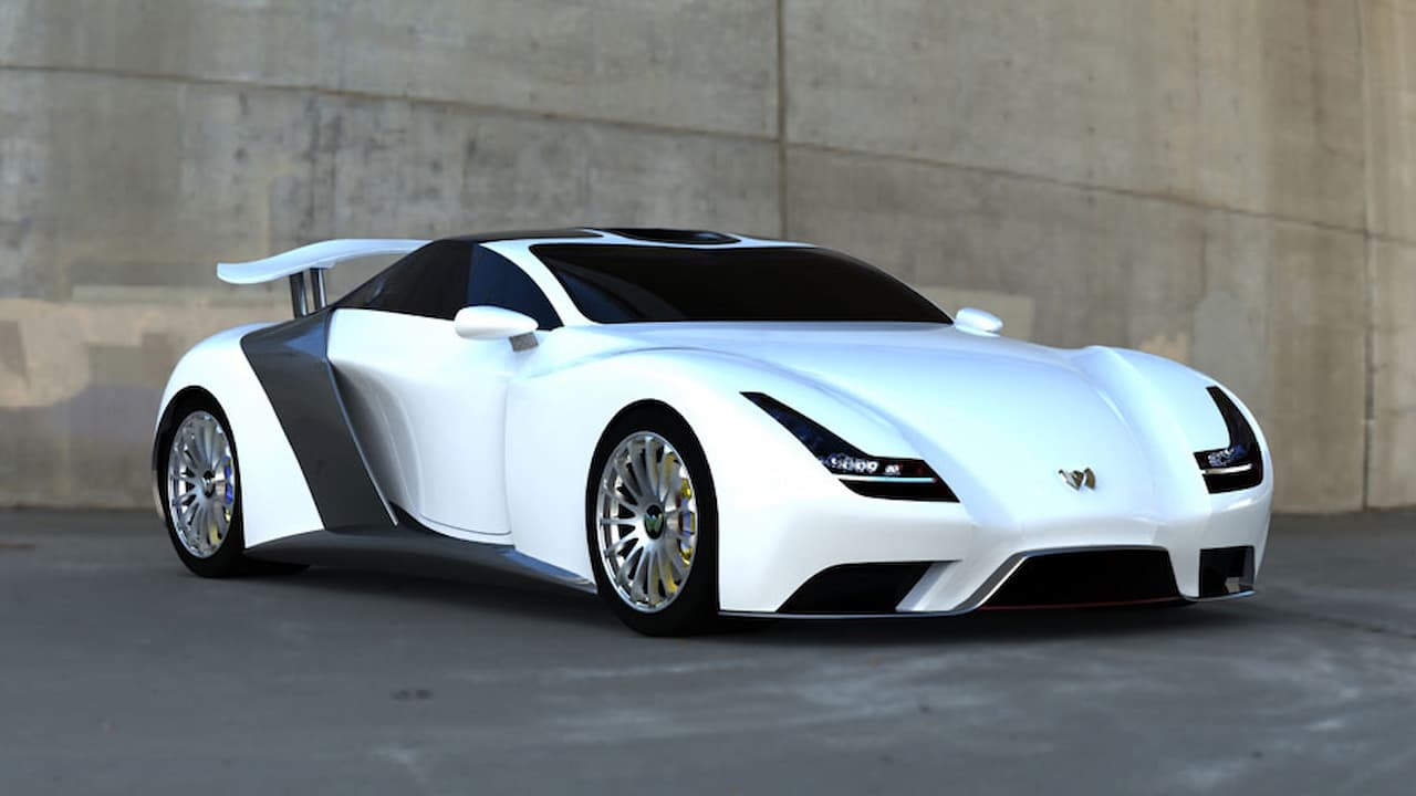 White Weber Faster One supercar with black accents and rear spoiler parked in concrete garage or showroom