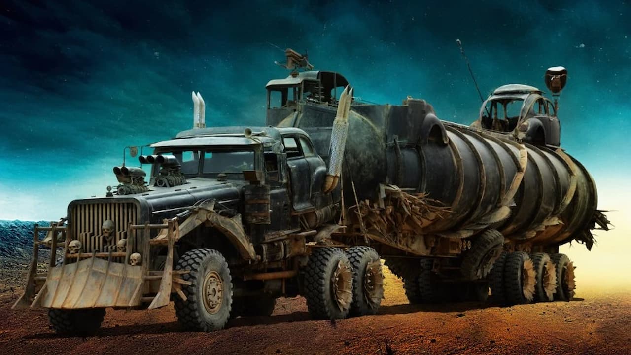 Heavily armored post-apocalyptic truck with massive tank trailer, spikes, and defensive modifications in desert wasteland setting