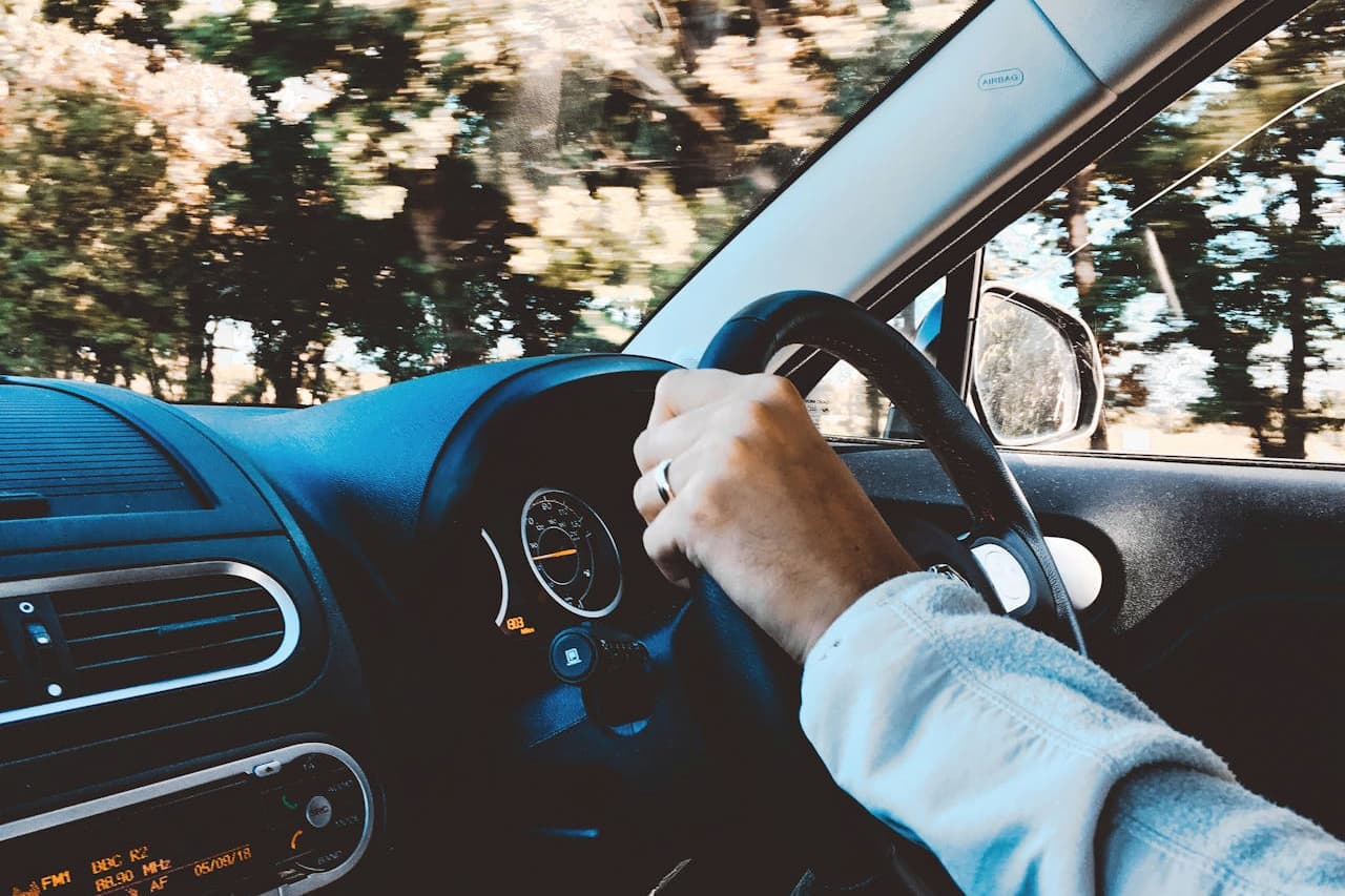 Driver's hands on steering wheel inside car with dashboard gauges visible, trees and sunlight streaming through windows outside