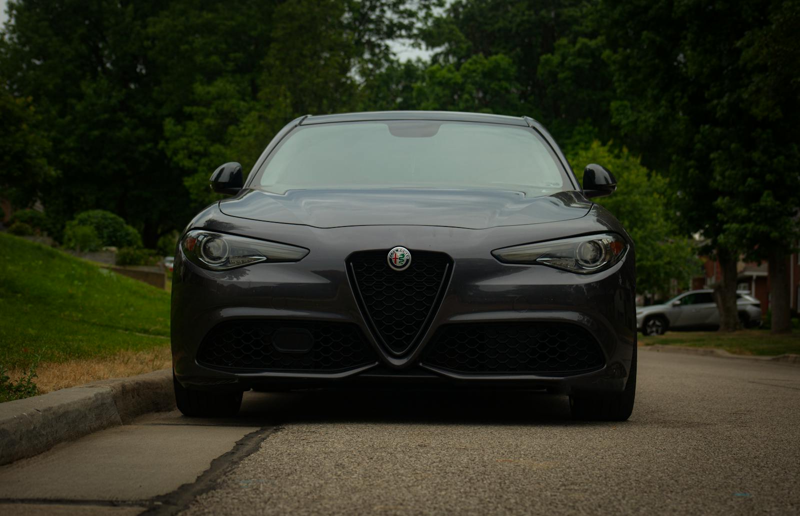A sleek black Alfa Romeo Giulia parked on a quiet suburban street during the day.