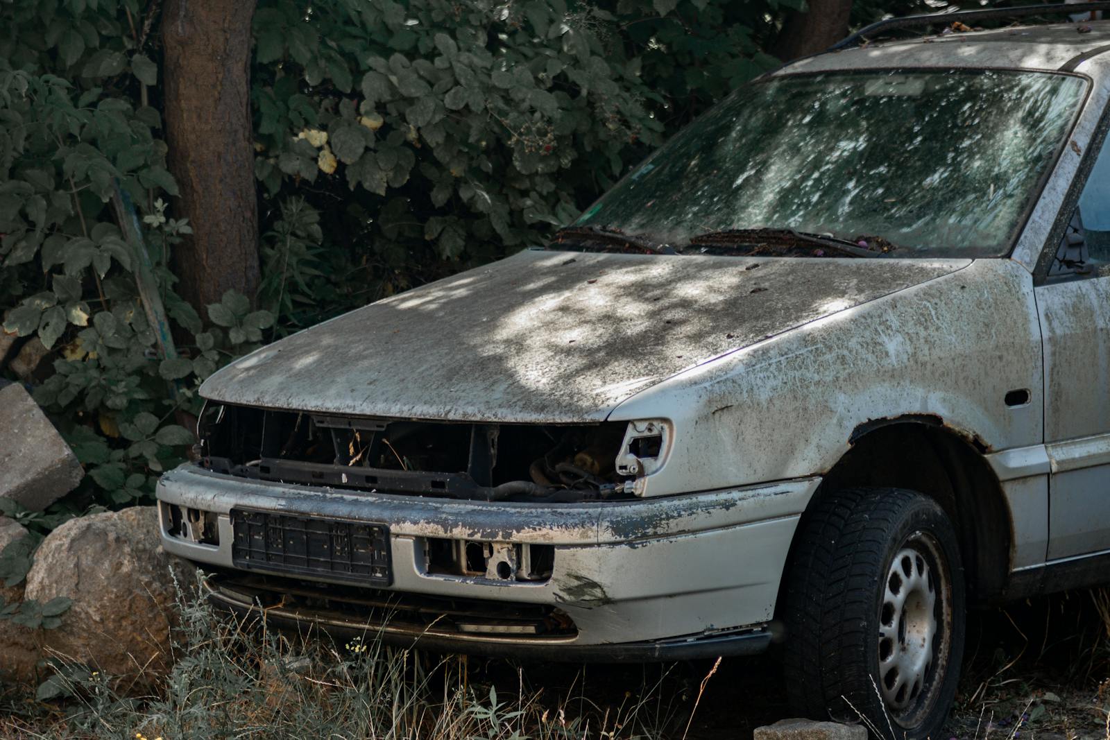 A neglected and rusty car left to decay in an overgrown outdoor setting, surrounded by nature.