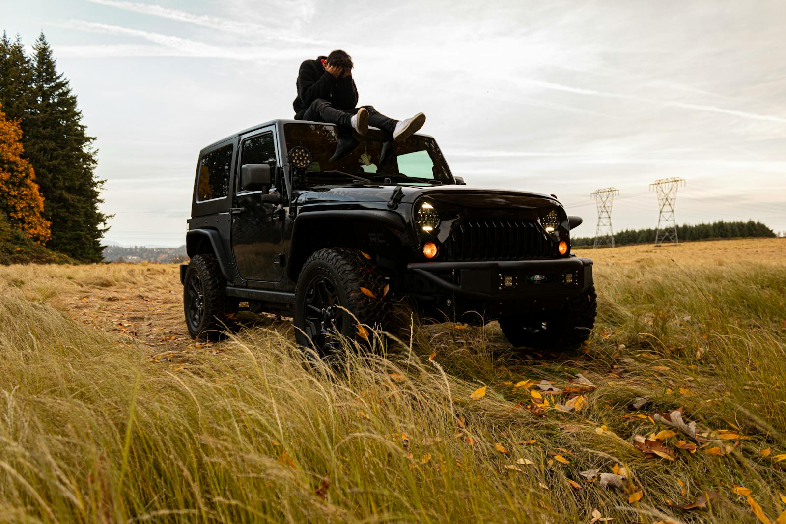 Person sitting on a black jeep amidst an autumn landscape with brown grass and fallen leaves.