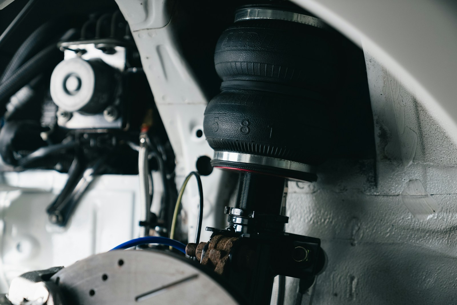 Close-up of car's air suspension system