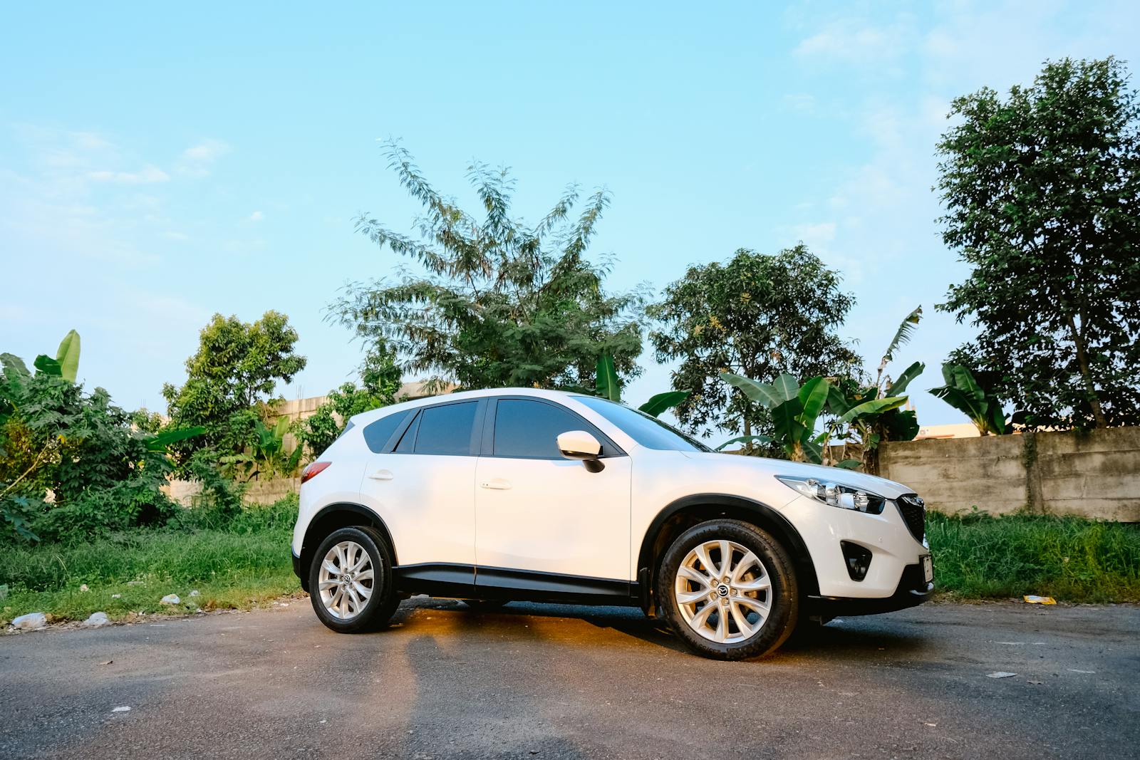 A white SUV parked outdoors on a paved road surrounded by green trees under a clear blue sky.