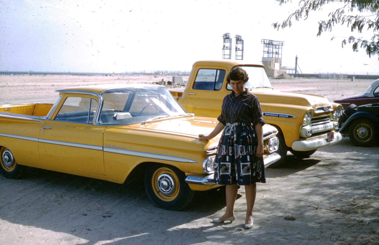 A woman in retro attire stands by classic Chevrolet cars in a desert setting.