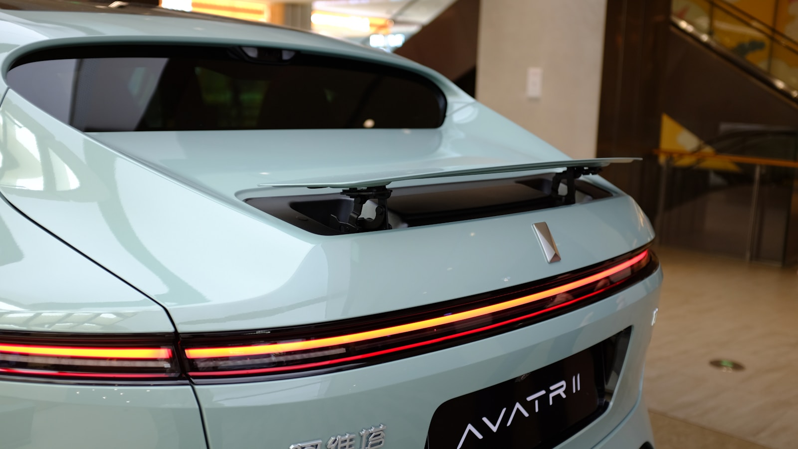 the rear end of a car in a showroom