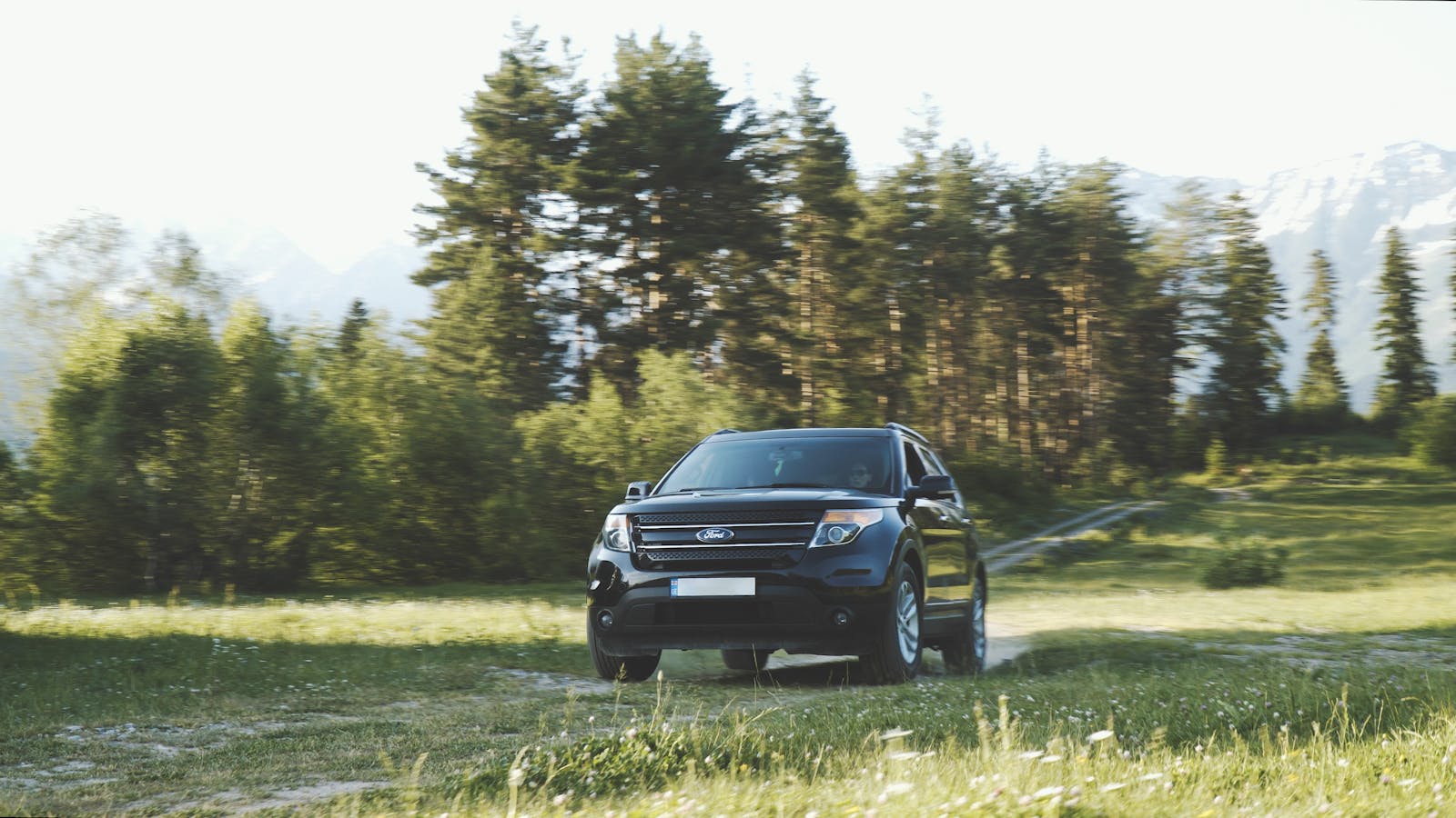 A black SUV driving on a dirt road in a scenic forest setting.