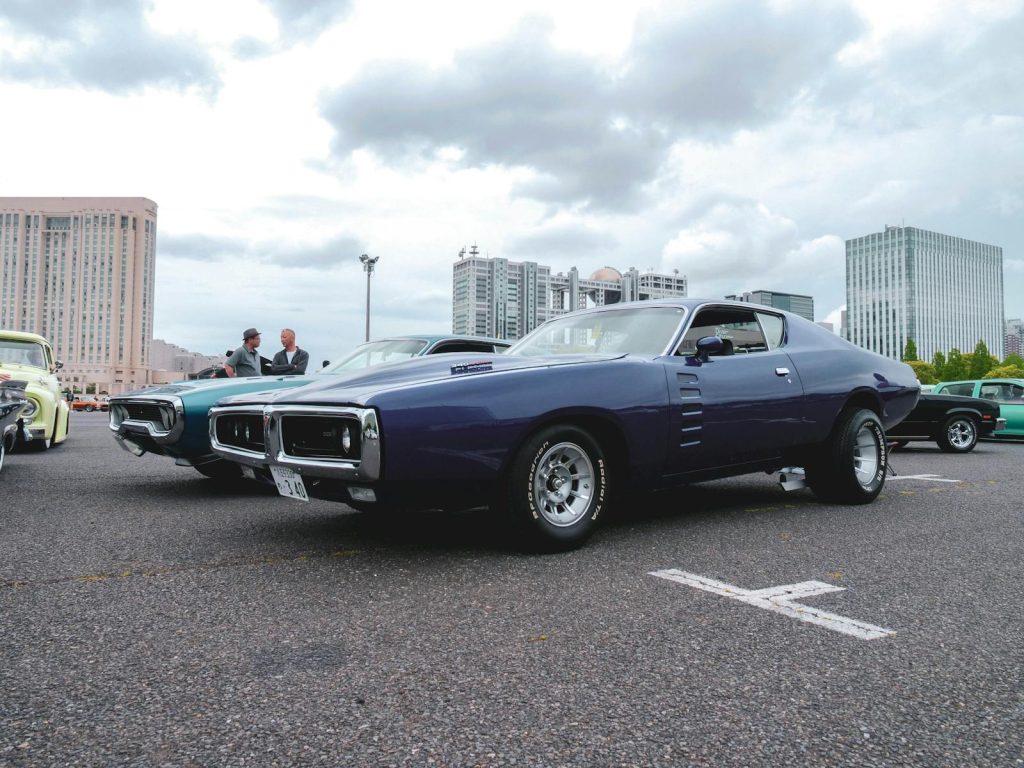 Vintage muscle cars displayed at an outdoor meetup with participants interacting in the background.