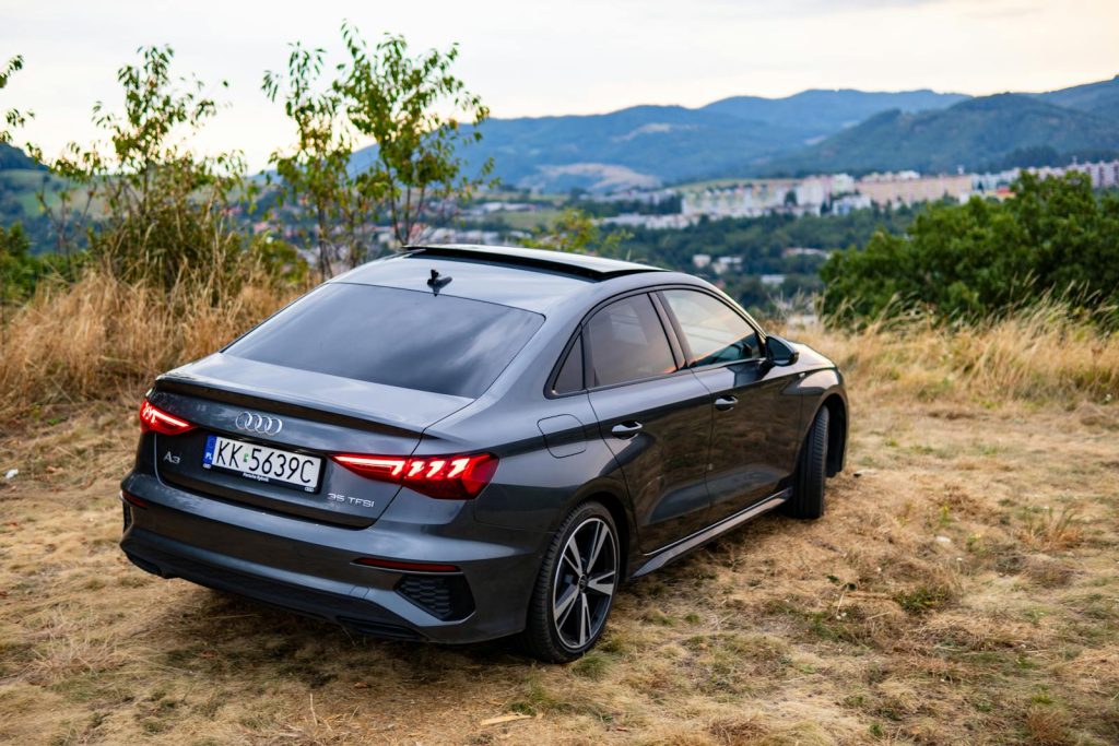 Audi A3 sedan on a scenic overlook in Bańska Szczawnica, Slovakia.