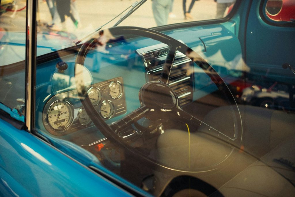 a car with a steering wheel
