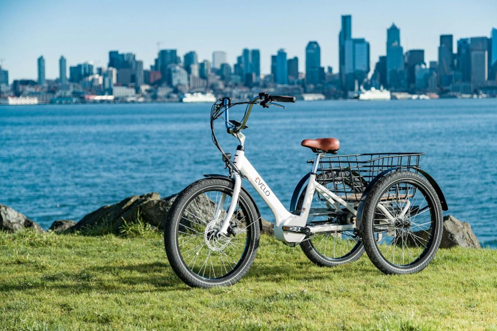 Electric tricycle facing Seattle skyline by the sea, symbolizing modern and eco-friendly transportation.