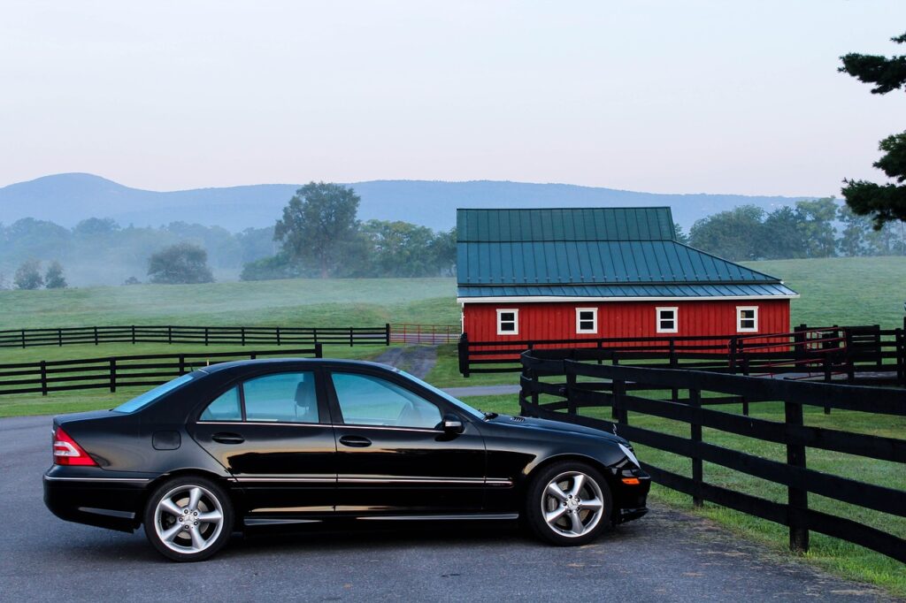 automobile, car, barn, farm, ranch, parked car, black car, vehicle, rural, car wallpapers, countryside, fence, demarcation