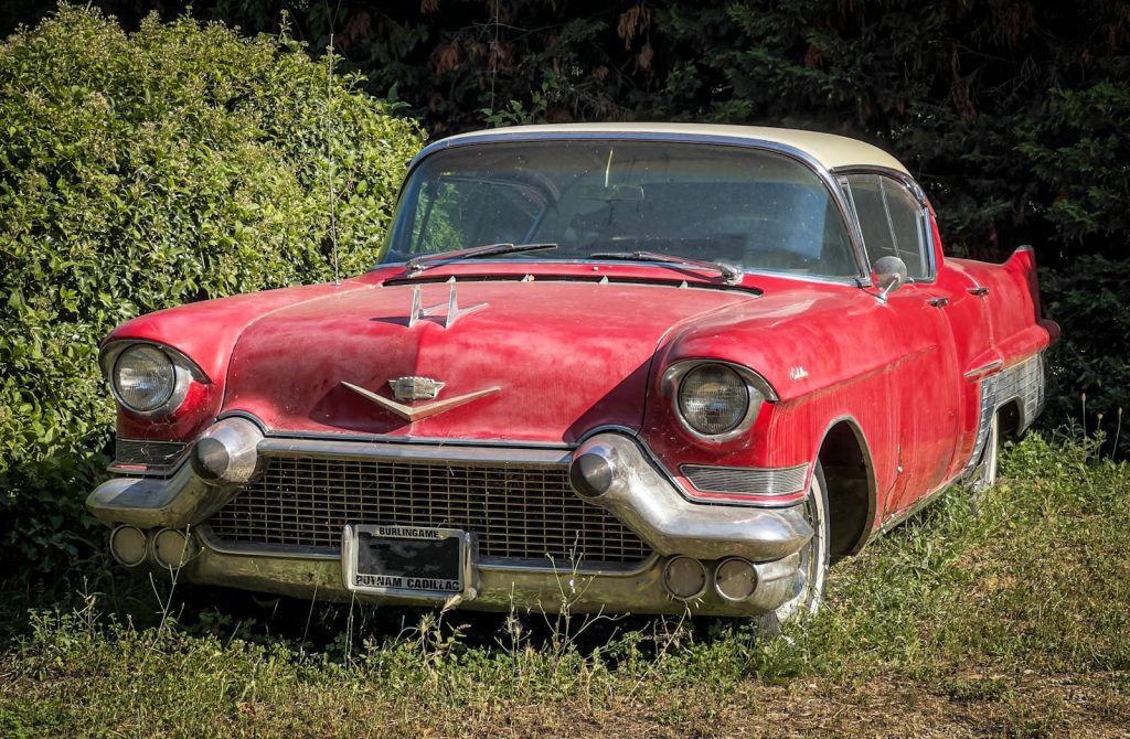 A classic red Cadillac parked in lush greenery, evoking nostalgia.