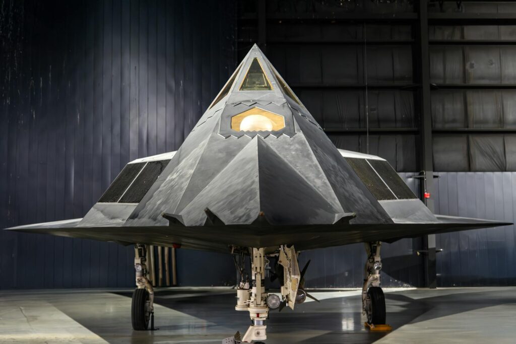 Front view of the iconic F-117 Nighthawk Stealth Fighter at a Dayton museum.