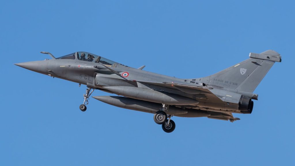 A Dassault Rafale jet flying against clear skies in Los Llanos, Spain.