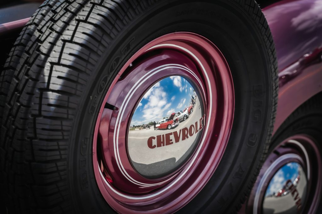 A close up of a tire on a car