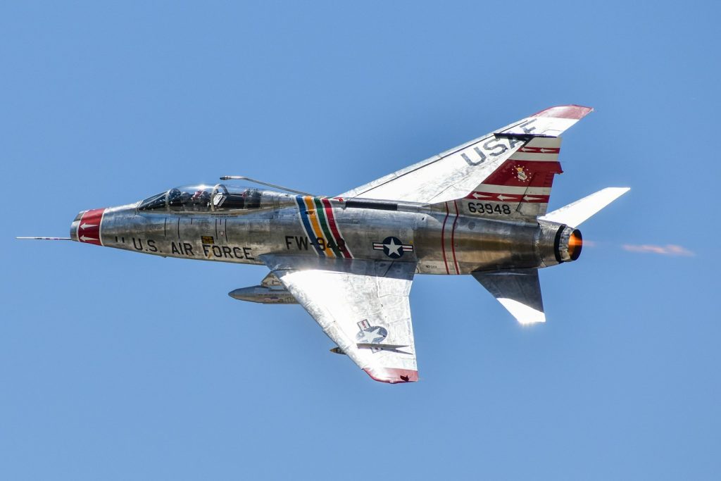 A fighter jet flying through a blue sky