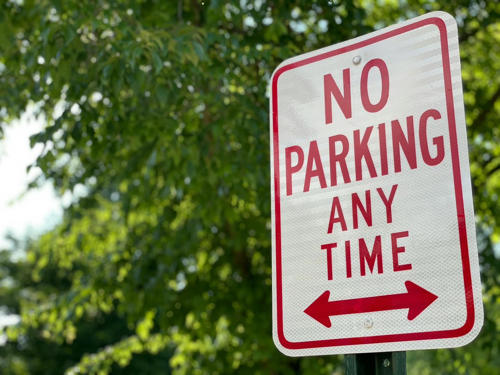 A close-up photo of a No Parking Any Time sign with a green leafy background.