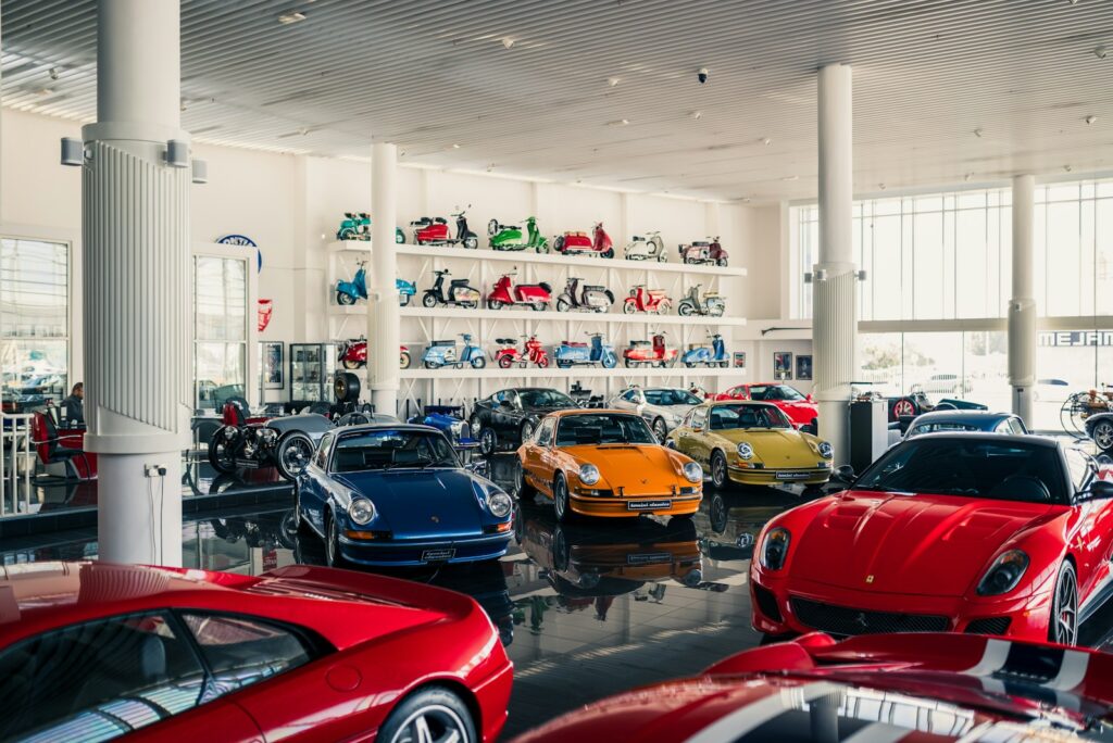 Collection of luxury cars in a showroom