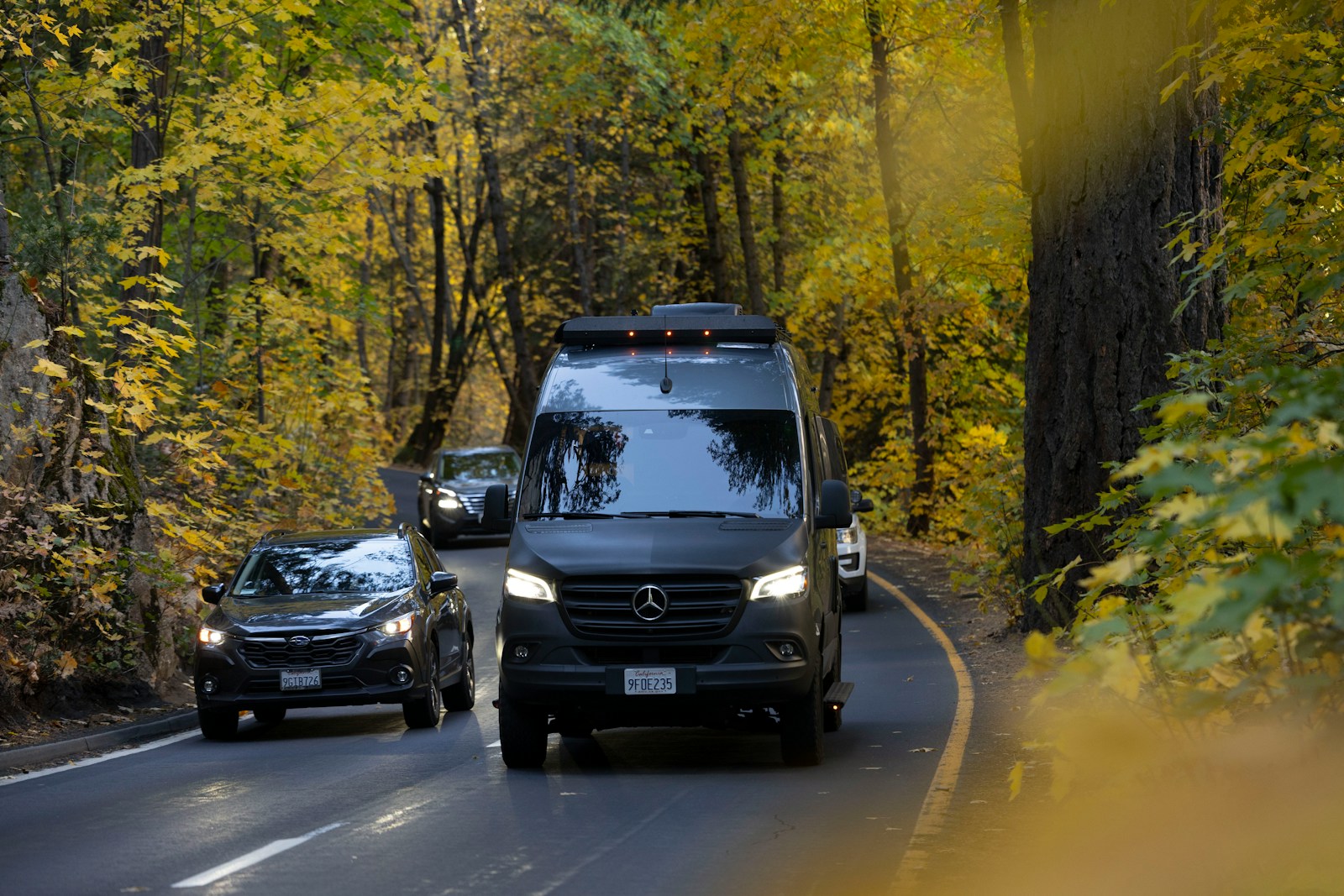 A couple of cars driving down a road next to a forest