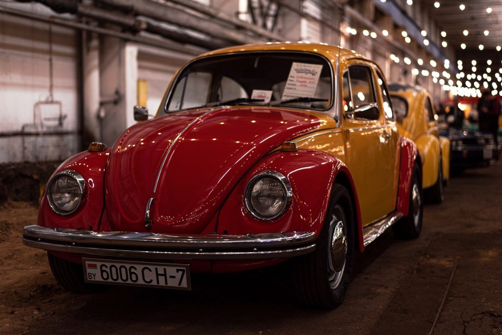 a red car parked in a garage