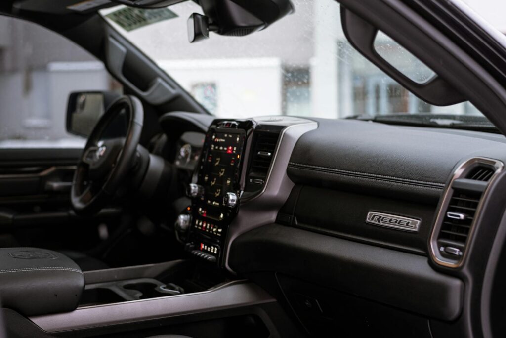 Detailed view of the contemporary Dodge Ram 1500 Rebel interior with advanced features.