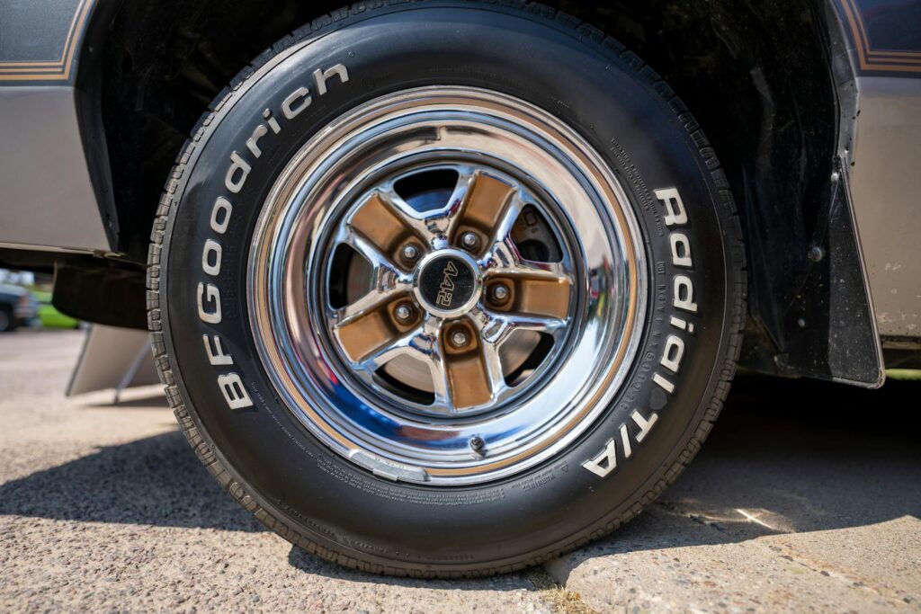 Detailed view of a BF Goodrich tire on a classic car's wheel in Nelson, WI.