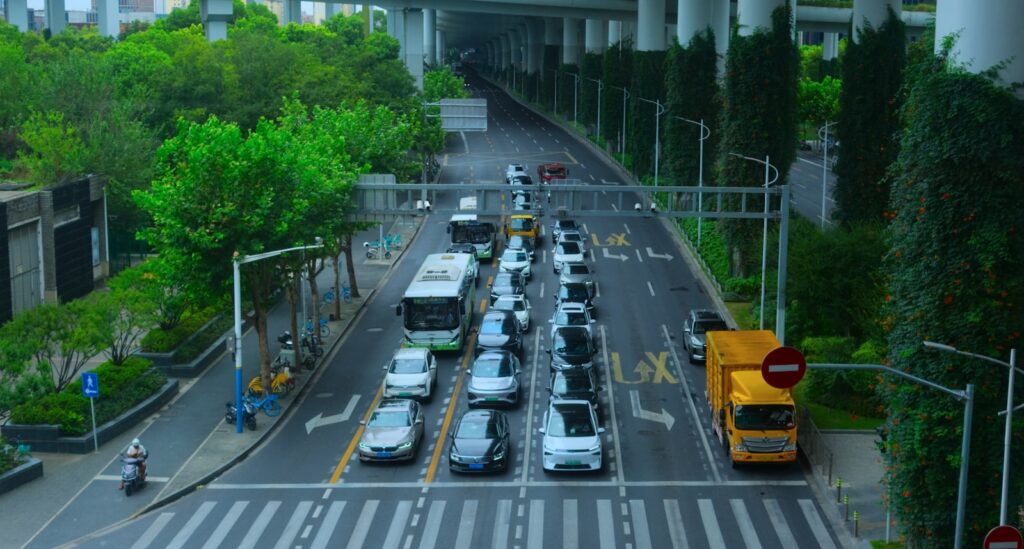 Traffic is congested on a multi-lane road.